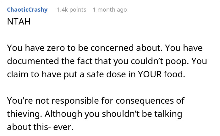 Text screenshot discussing the consequences of adding a laxative to food at work.