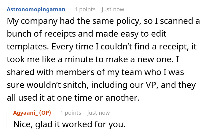 Reddit comment thread discussing a company's receipt policy and team tactics for reimbursements. Reddit comment thread discussing a company's receipt policy and team tactics for reimbursements.