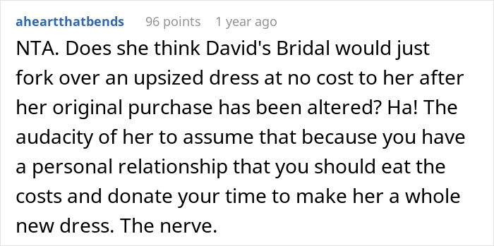 Text from a forum discussing a bridal shop owner's refusal to make a free wedding dress for a cousin.