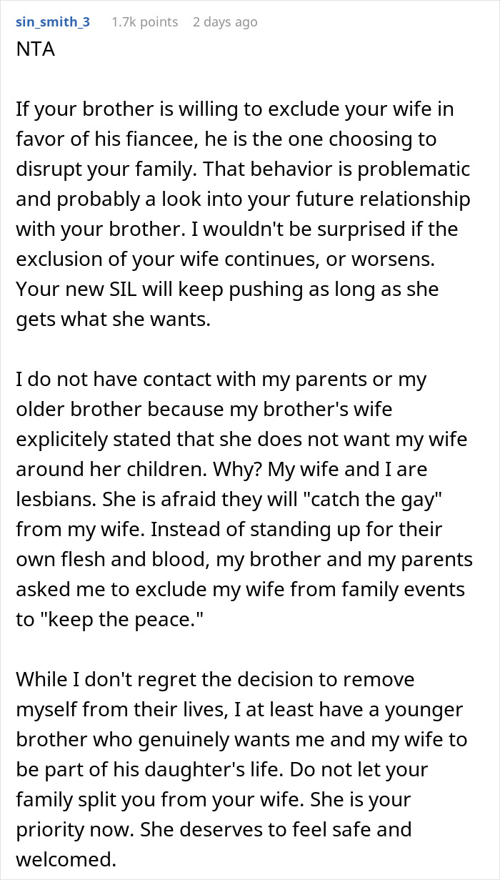 Reddit comment about family exclusion over a brother's wife, addressing a problematic SIL.