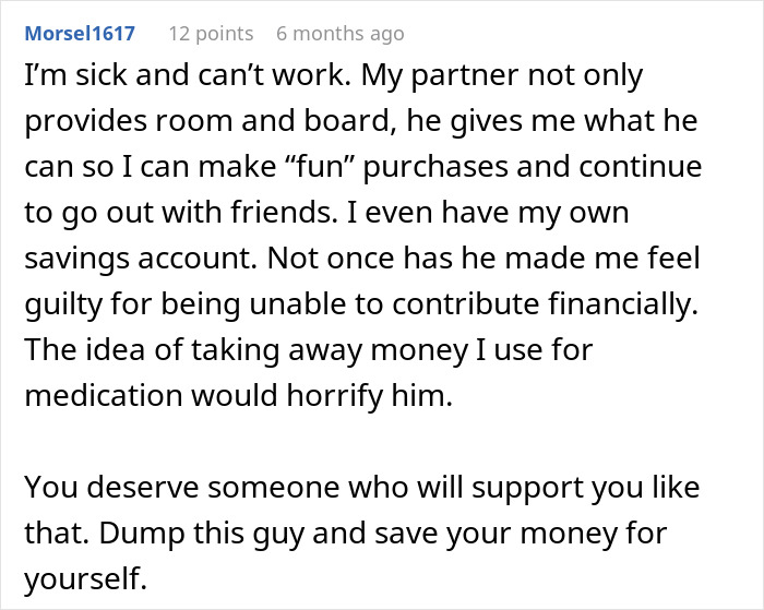 Comment advising a woman to dump her boyfriend and save money for herself.