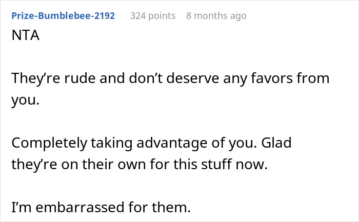 Reddit comment discussing a man&rsquo;s decision to stop helping in-laws due to their attitude.
