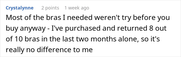 Customer comment on Amazon AI shifts, discussing frequent returns of bras. Customer comment on Amazon AI shifts, discussing frequent returns of bras.