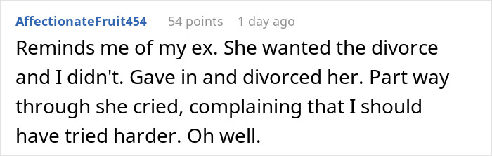 Reddit comment on relationship issues, reflecting feelings of regret and irony in a breakup context. Reddit comment on relationship issues, reflecting feelings of regret and irony in a breakup context.