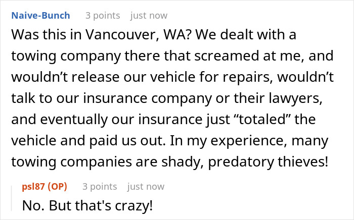Online conversation discussing shady towing company practices. Online conversation discussing shady towing company practices.