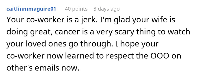 Comment on coworker's behavior highlighting respect for Out of Office emails.