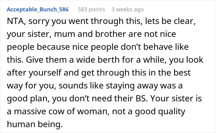 Online comment criticizing pregnant woman for insensitive remark about sister's miscarriage. Online comment criticizing pregnant woman for insensitive remark about sister's miscarriage.