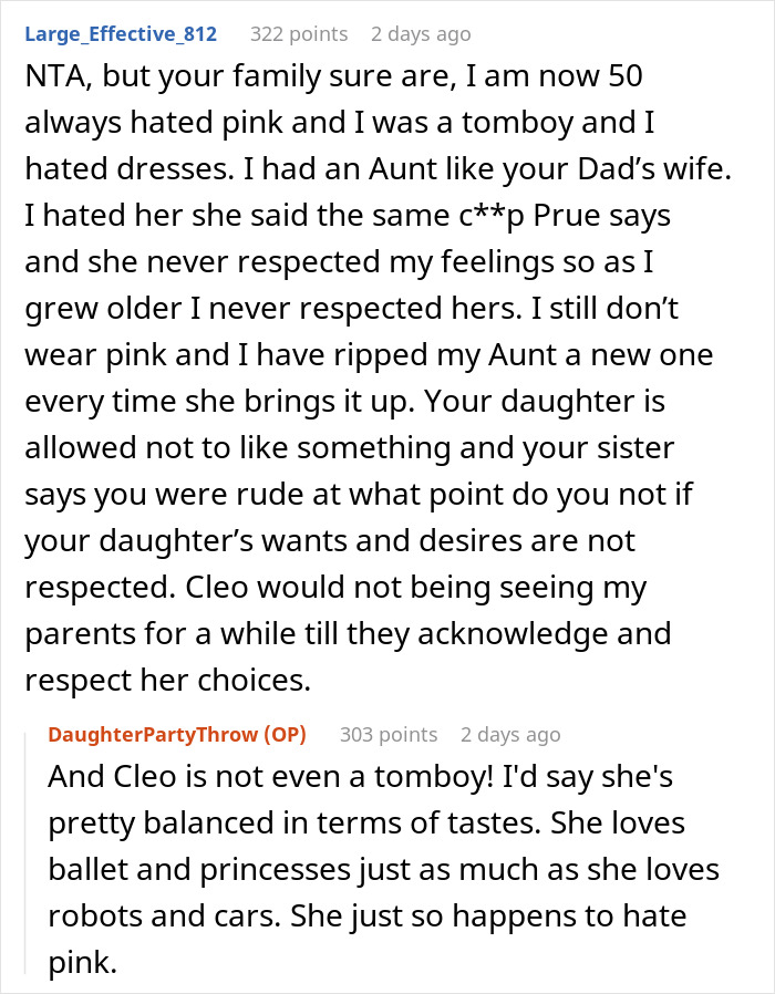 Text discussion on a failed pink-themed party for a child who dislikes pink, highlighting issues of respect and preferences.