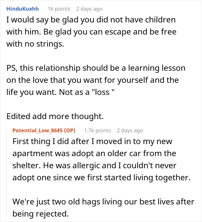 Reddit comments about a husband choosing family over wife, discussing personal liberation and life choices after separation.