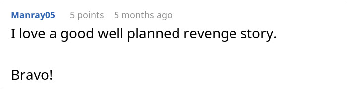 Comment praising a well-planned revenge story with "Bravo!" at the end.