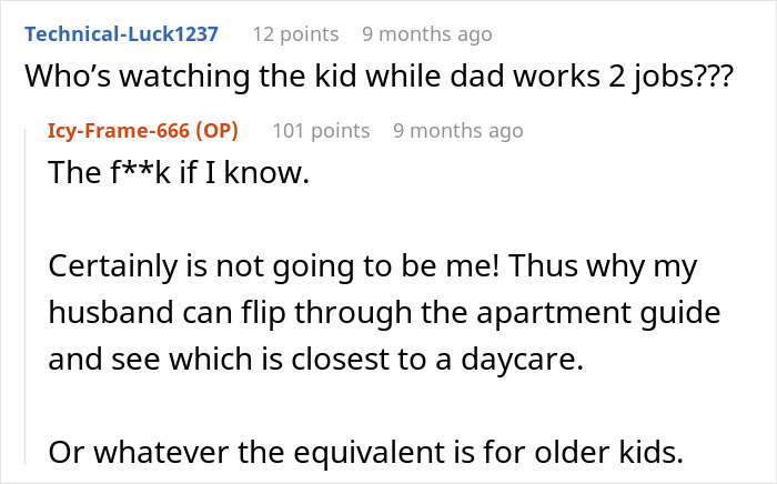 Reddit comment discussing custody options while managing two jobs.