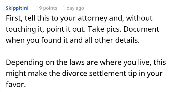 Comment advising on divorce settlement and documenting evidence in a bugged car case. Comment advising on divorce settlement and documenting evidence in a bugged car case.