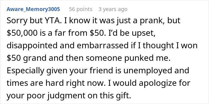Comment about prank involving fake $50K lottery ticket, expressing disappointment and empathy for unemployed friend. Comment about prank involving fake $50K lottery ticket, expressing disappointment and empathy for unemployed friend.