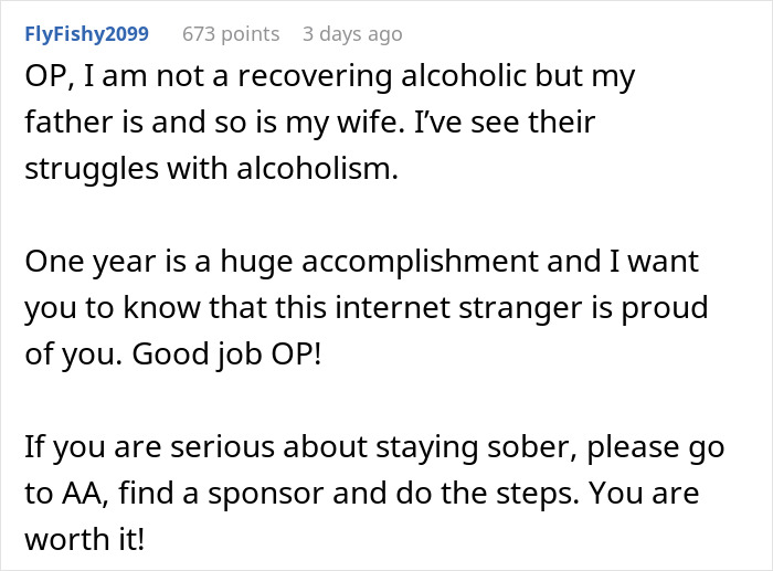 Supportive comment on sobriety milestone, encouraging continued recovery and offering congratulatory words. Supportive comment on sobriety milestone, encouraging continued recovery and offering congratulatory words.