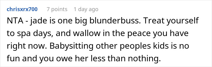 Text supports woman refusing to babysit sister's kids, promotes self-care. Text supports woman refusing to babysit sister's kids, promotes self-care.