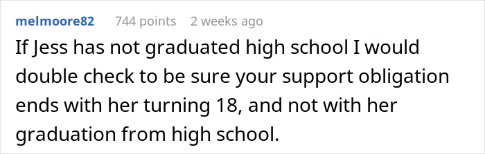 Reddit comment discussing 18-year-old's financial support related to high school graduation.