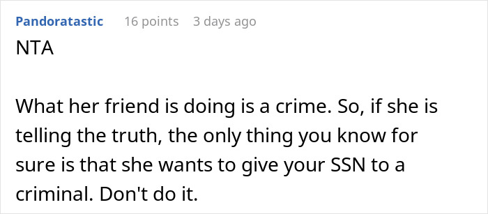 Comment warns against sharing social security number for a girlfriend's background check. Comment warns against sharing social security number for a girlfriend's background check.