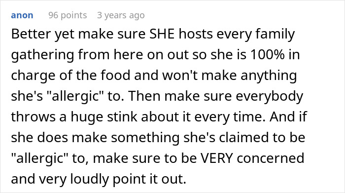 Comment discussing a sister-in-law's alleged new allergy at dinner gatherings. Comment discussing a sister-in-law's alleged new allergy at dinner gatherings.