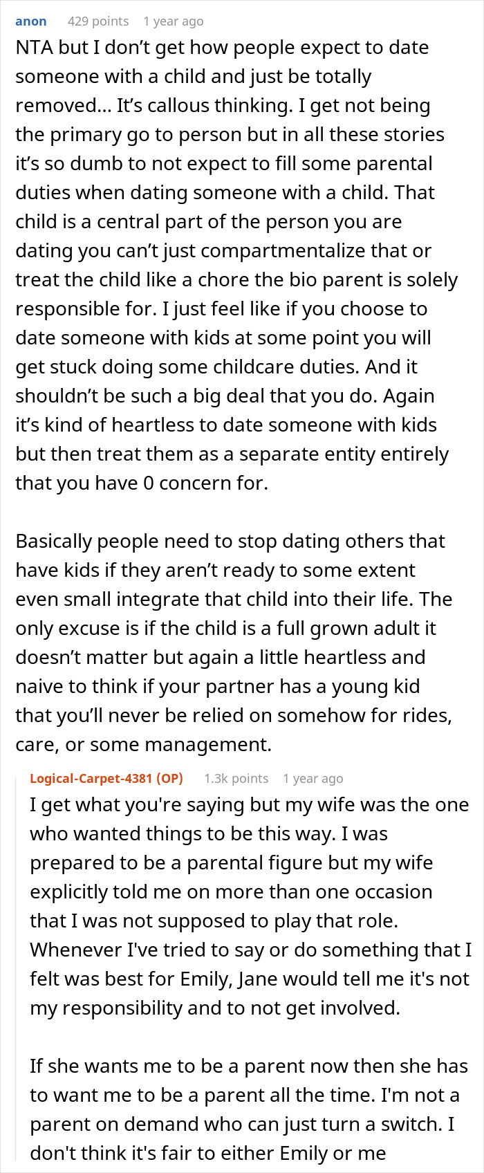 Reddit thread discussing parental duties in relationships with stepchildren.