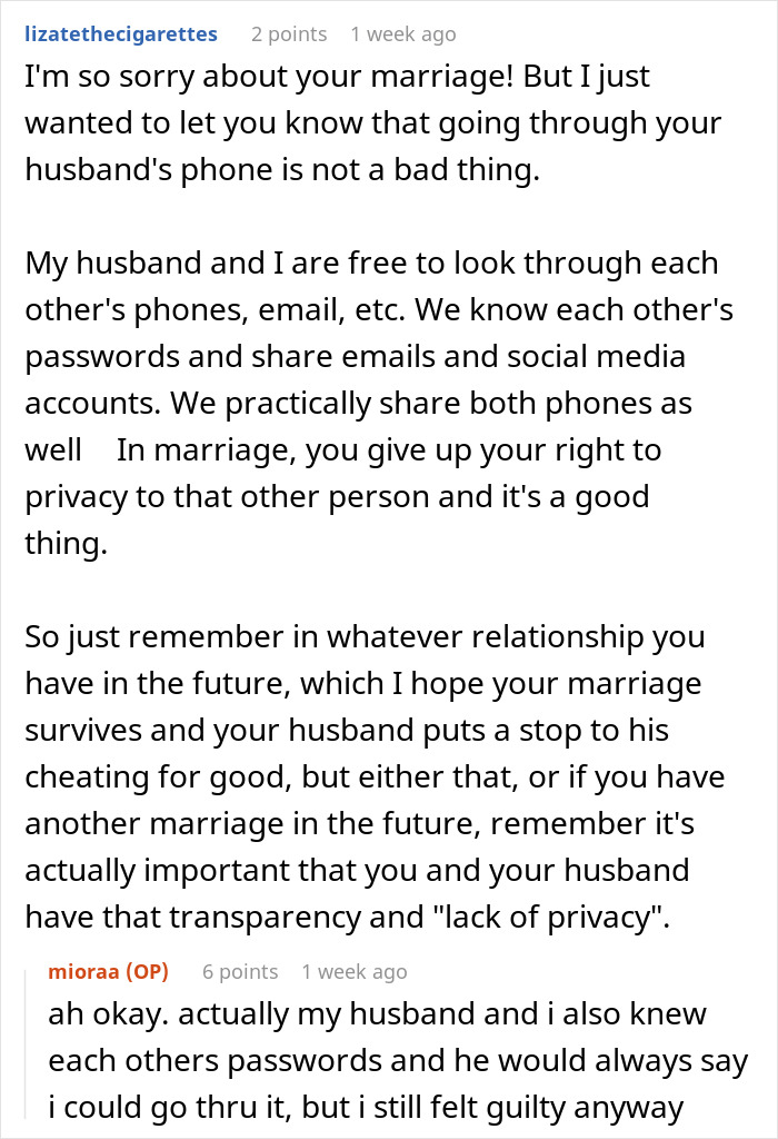 Reddit discussion about trust and privacy in marriage, related to online user jokes about stains.