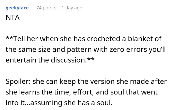 Text exchange discussing demands on a handmade gift's perfection. Text exchange discussing demands on a handmade gift's perfection.