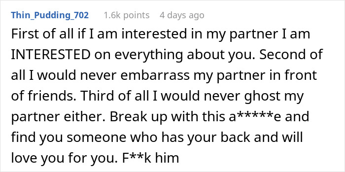 Text response criticizing a boyfriend for suggesting changes based on an AI image, urging a breakup.