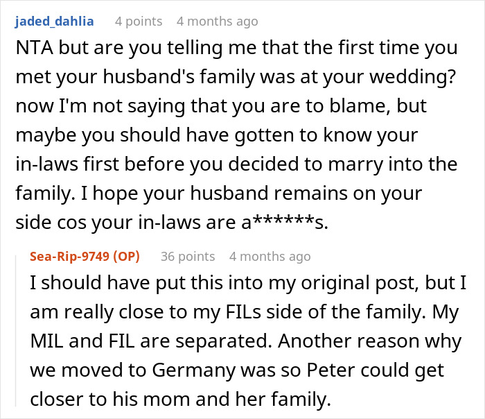 Reddit comments discussing Canadian woman's issues with husband's German-speaking family. Reddit comments discussing Canadian woman's issues with husband's German-speaking family.