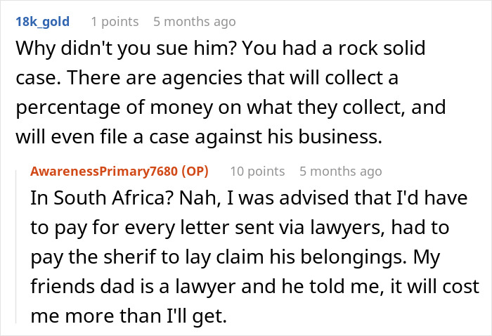 Reddit comment discussion about client payment issues and legal costs.