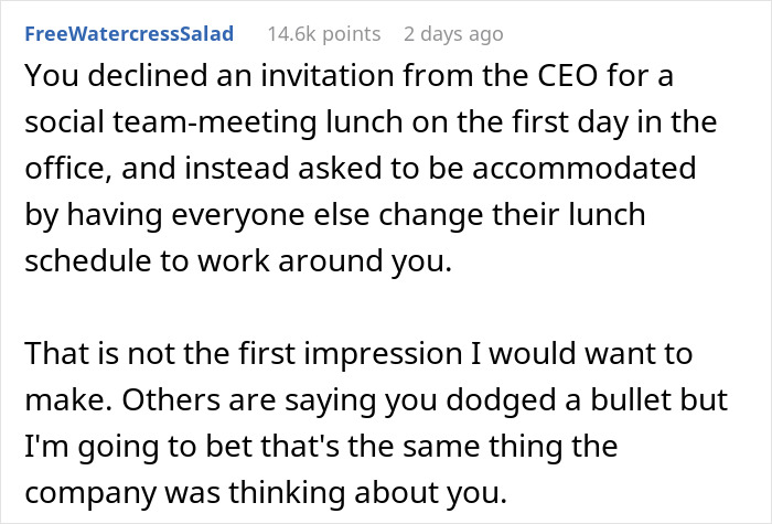 Text post discussing rejection for preferring to eat lunch in office, mentions CEO's invitation and first impression concerns.