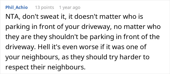 Text comment about car blocking a driveway, emphasizing respect for neighbors.