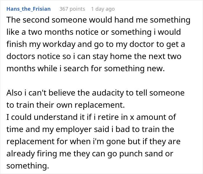 Text conversation about firing and job notice.