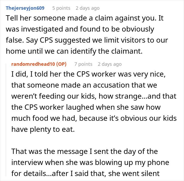 Text exchange discussing a false CPS claim and accusing sister's betrayal.