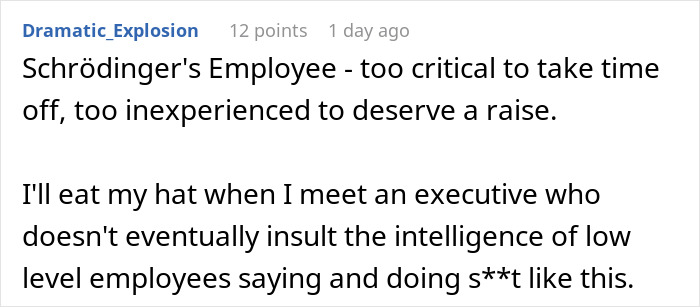 Text discussing a critical employee's importance and executives' actions towards low-level staff.