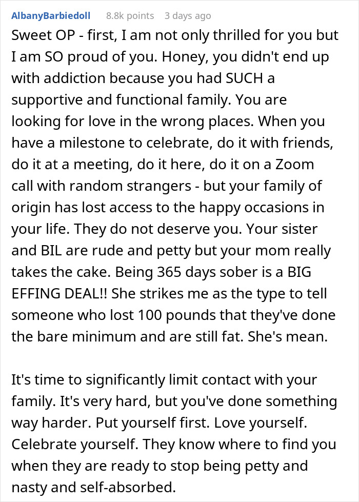 Text screenshot discussing family not supporting a woman's sobriety milestone, offering encouragement. Text screenshot discussing family not supporting a woman's sobriety milestone, offering encouragement.