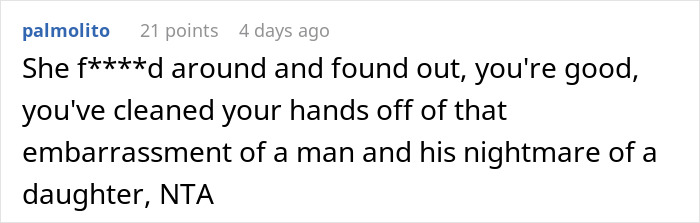 Comment about man and his daughter, calling them an embarrassment and nightmare, saying NTA.