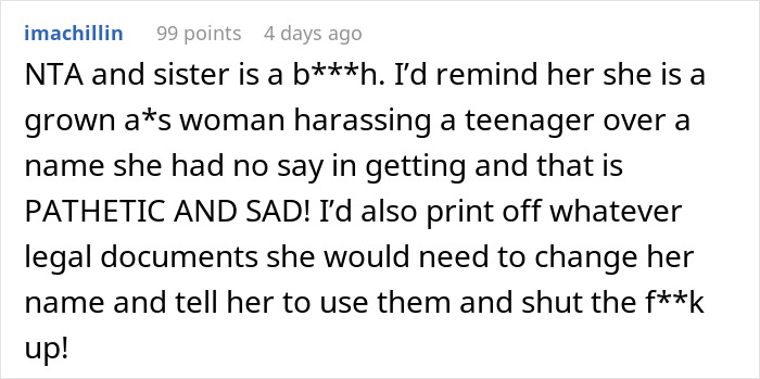 26YO Holds Lifelong Grudge Against 16YO Sis For Having A Modern Name, Turns Nasty Over It