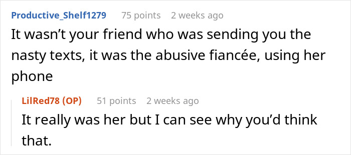 Reddit comments about a woman not invited to a wedding, discussing texts allegedly from an abusive fianc&eacute;e.