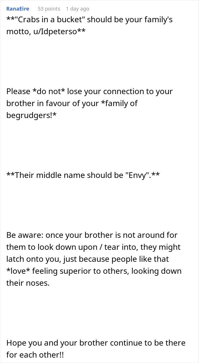 Text conversation discussing family conflict over brother's wealthy partner.