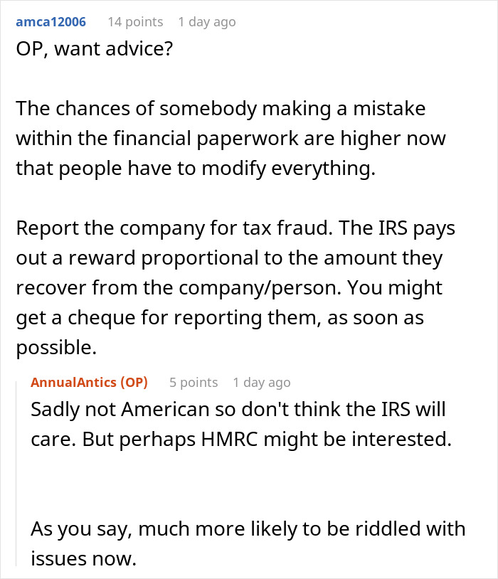 Online discussion about management and software issues, highlighting tax fraud reporting advice.