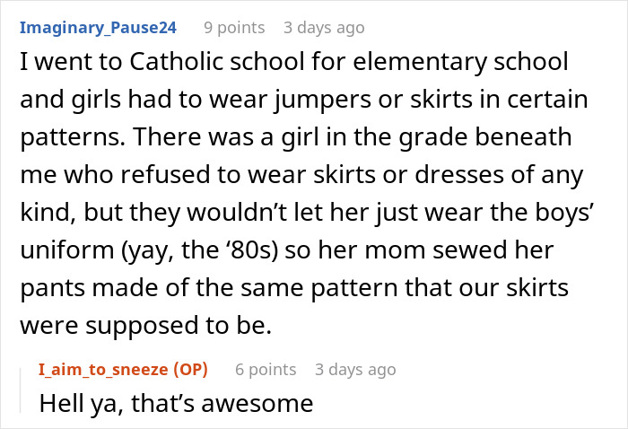 Reddit comment about school dress code loophole, mentioning an '80s Catholic school uniform hack by a creative mom. Reddit comment about school dress code loophole, mentioning an '80s Catholic school uniform hack by a creative mom.
