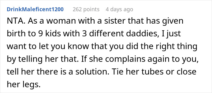 Reddit comment discussing handling complaints from a mother of five, suggesting solutions.