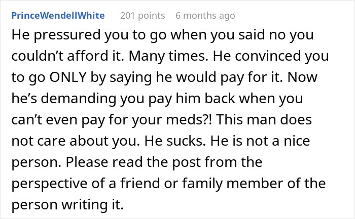 Comment about woman regretting trip with boyfriend as he demands money back.