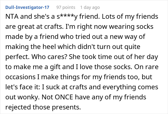 Text exchange discussing handmade gift expectations and crafting imperfections. Text exchange discussing handmade gift expectations and crafting imperfections.