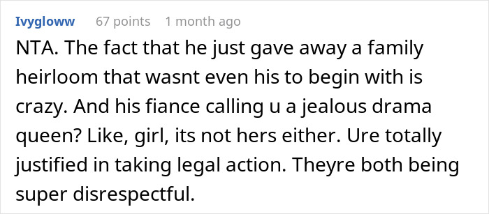 Reddit comment discussing a family feud over a taken heirloom and legal action.