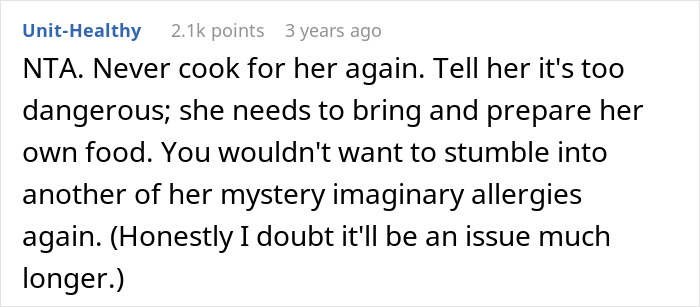 Text from a comment discussing imaginary allergies during dinner preparations. Text from a comment discussing imaginary allergies during dinner preparations.