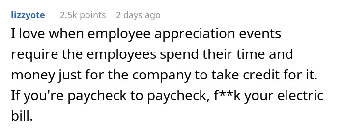 Text image expressing disappointment with a company-hosted appreciation potluck.