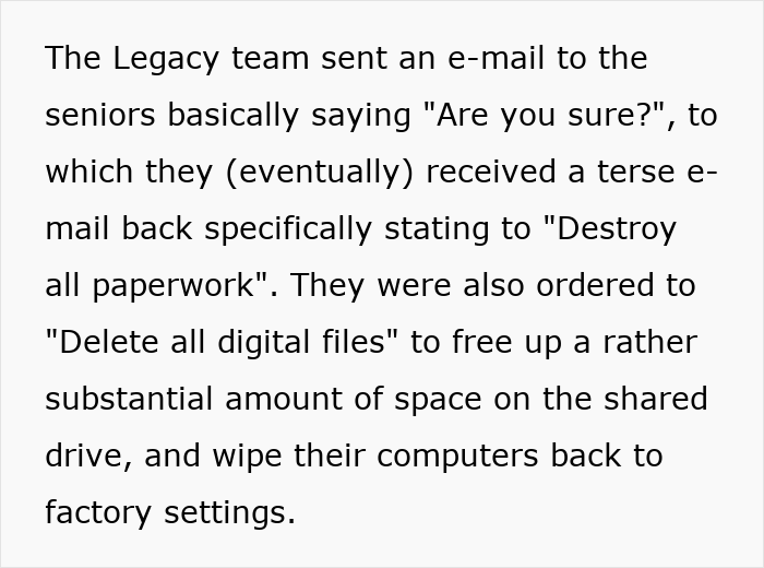 Deleting files and emails, software team chaos after management decision.