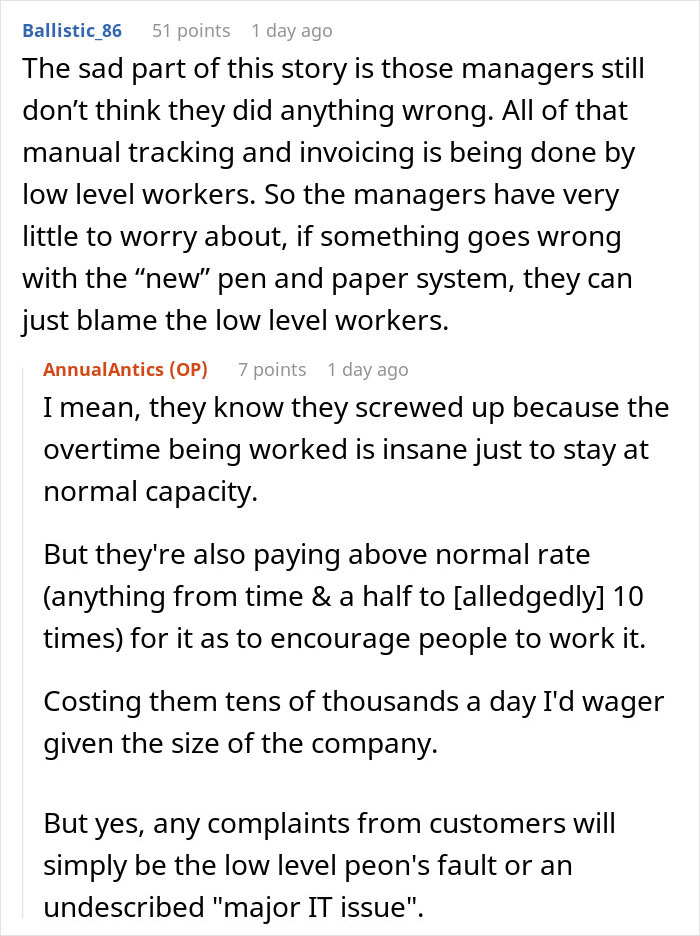 Reddit comments discussing management's decision impacting software team and causing chaos.