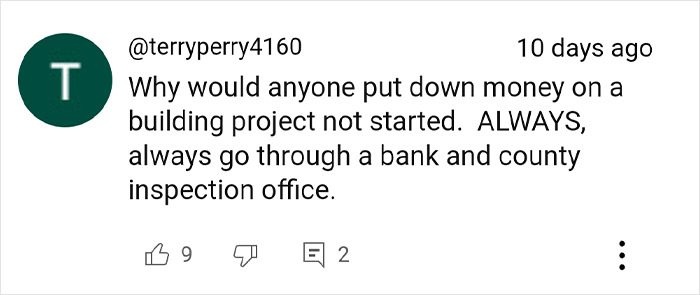 Comment discussing tiny home purchase advice, emphasizing using banks and inspections to avoid fraud.