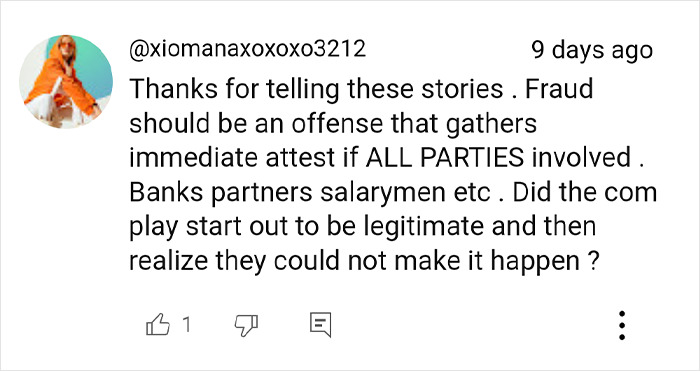 User comment discussing fraud concerns related to tiny home purchases.